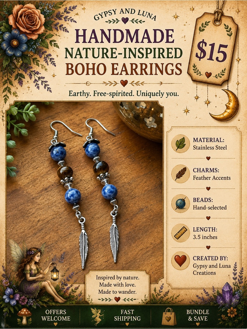 Handmade Boho Earrings with Feather & Beads